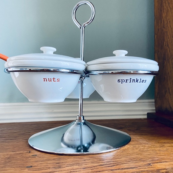 🥣Pottery Barn Scoop Condiment stand Server with 3 bowls - Picture 5 of 13